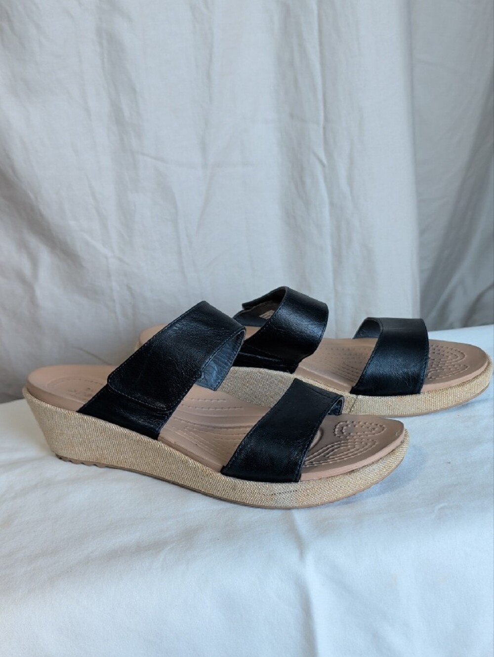 CROCS Black Leather Dual-Strap  Slide Sandals with Tan Wedge Resort Boho Wear - Picture 2 of 8